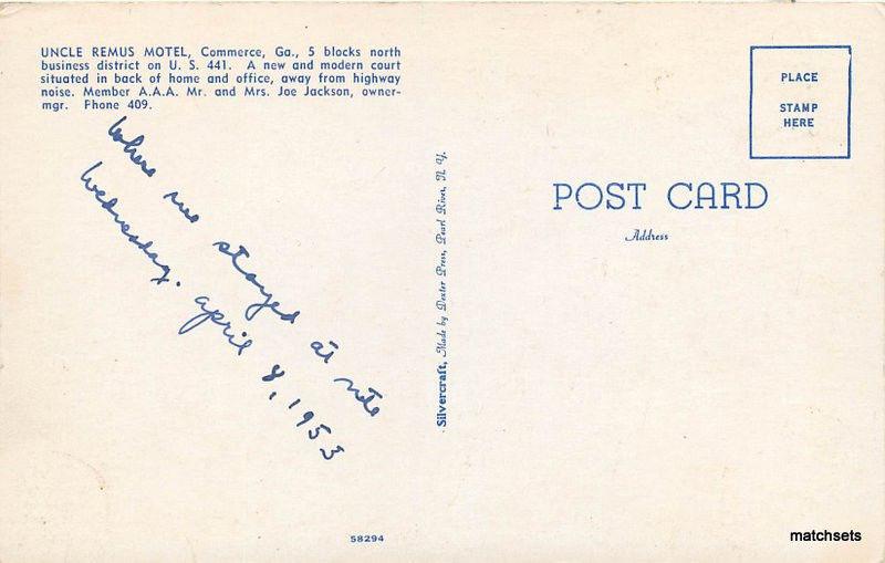1953 Uncle Remus Motel Roadside COMMERCE GEORGIA Postcard 3246