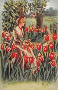 H89/ Valentine's Day Love Holiday Postcard c1910 Tulip Flowers Woman102