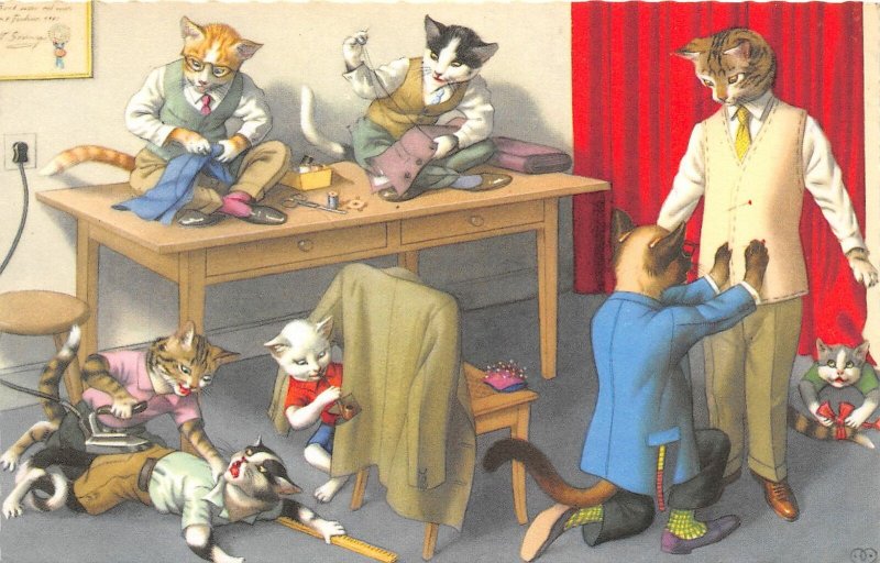 F86/ Alfred Mainzer Signed Postcard Dressed Cats Comic c50s Tailor Shop 15