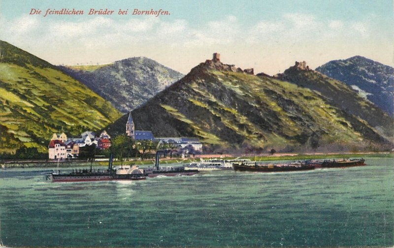 Germany navigation themed postcard Bruder bei Bornhofen paddle cruiser barge