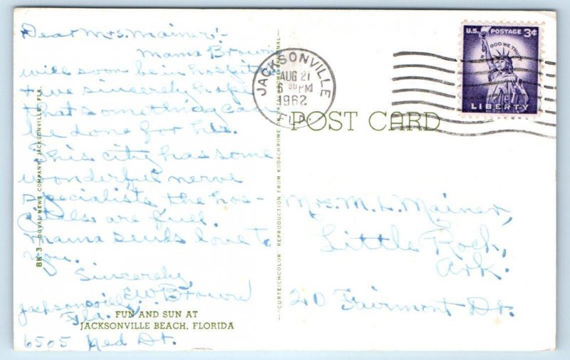 JACKSONVILLE BEACH, FL Florida  ~ CARS on BEACH & FERRIS WHEELS 1962  Postcard