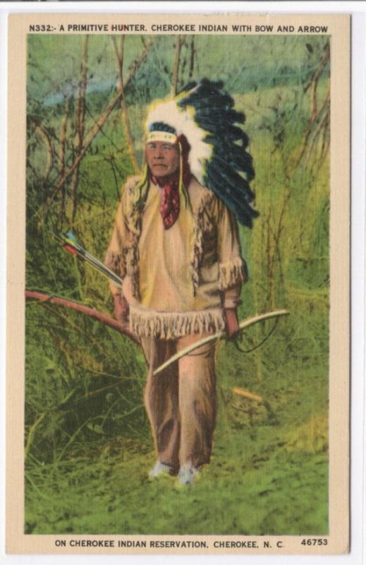 Cherokee Indian Bow and Arrow Native American North Carolina linen postcard