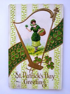 St Patricks Day Postcard Women Inside Gold Harp Clovers Nash Embossed Vintage