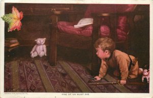 1908 Art Postcard Boy Hunts Teddy Bear, One of Us Must Die, A/S Mary Sigsbee Ker