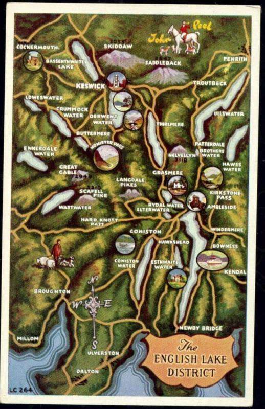 cumbria, The English Lake District MAP Postcard (1970s)