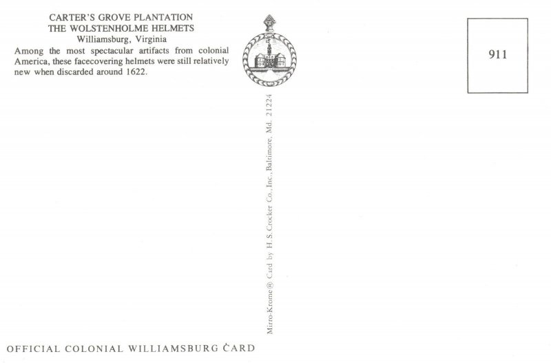 CONTINENTAL SIZE POSTCARD CARTER'S GROVE PLANTATION THE WOLSTENHOLME HELMETS