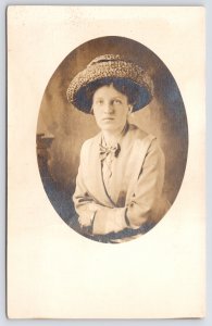 Edwardian Lady~Simple Straw Picture Hat~Tailored Jacket~Chain Pendant~Oval RPPC