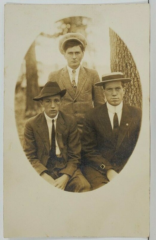 RPPC Father and Sons Handsome Men Masked Oval Portrait Photo Postcard O5