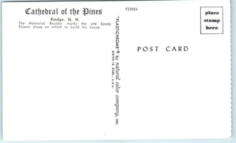 Postcard - The Memorial Boulder - Cathedral of the Pines, Rindge, New Hampshire