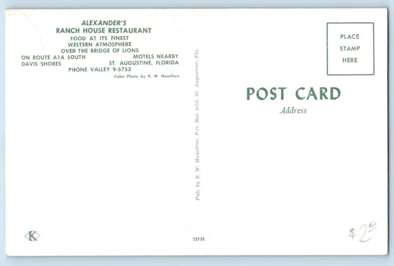 St Augustine Florida FL Postcard Alexander Ranch House Restaurant Roadside 1960