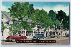 San Jacinto California Postcard Hotel Vosburg Classic Cars Building 1956 Vintage