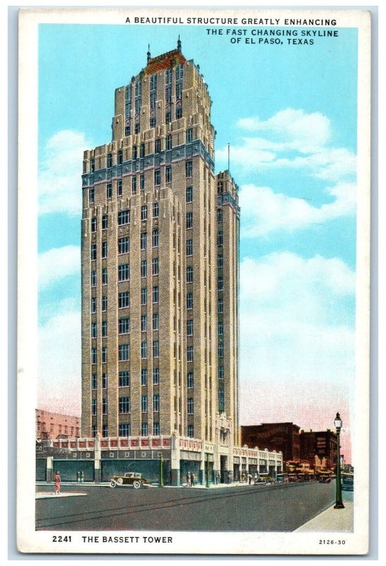 c1920 Fast Changing Skyline Bassett Tower Exterior Road El Paso Texas Postcard