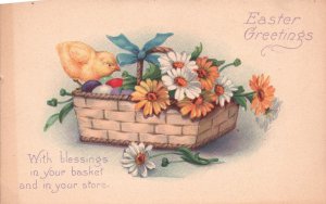 Vintage Postcard Easter Greetings Bird Basket of Flowers Blessings Wishes Card