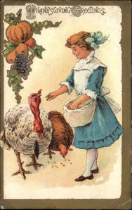 Thanksgiving Young Woman Feeding Turkeys c1910 Vintage Postcard