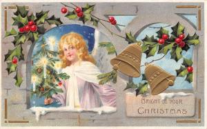 Bright Christmas c1910 Embossed Postcard Bells Angel with Lit Candles on Tree