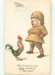Pre-Linen OLD AIRPLANE OVER AVIATOR BOY WITH ROOSTER AC1475