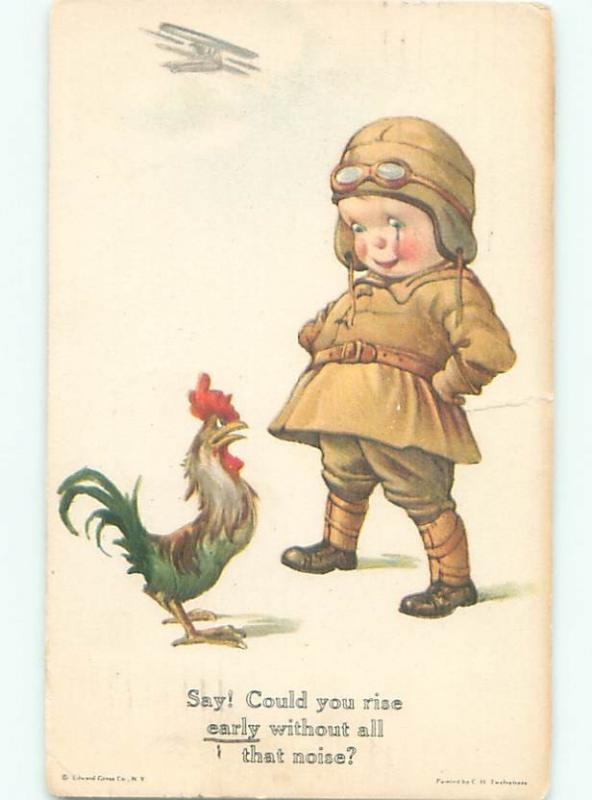 Pre-Linen OLD AIRPLANE OVER AVIATOR BOY WITH ROOSTER AC1475