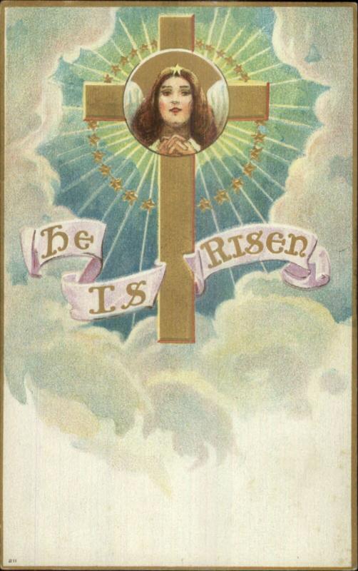 Easter - Angel Face Gold Cross c1910 Embossed Postcard