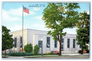 c1940's US Post Office Exterior Crawfordsville Indiana IN Unposted Flag Postcard