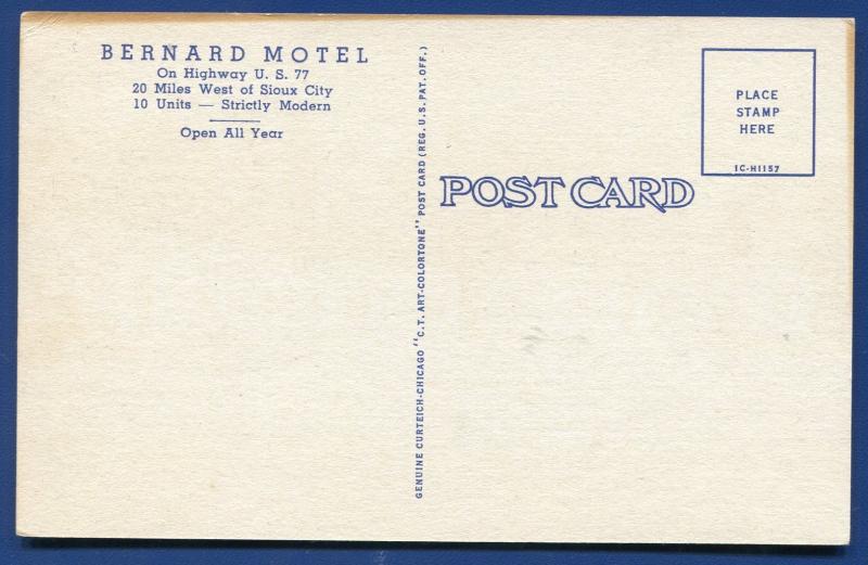 Bernard Motel Elk Point South Dakota sd old linen postcard