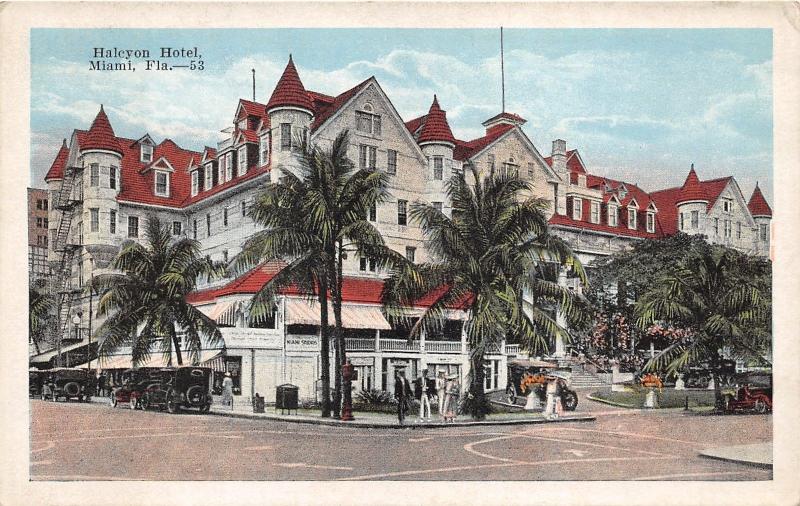 Miami Beach Florida~Halcyon Hotel~People @ Street Corner~Vintage Cars~Palms~'20s