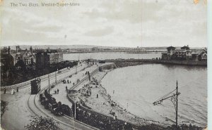 UK postcard England The two bays Weston Super Mare harbour double deck tram 