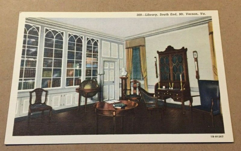 VINTAGE .01 LINEN POSTCARD UNUSED - LIBRARY, SOUTH END, MT. VERNON, VA.