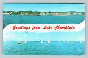 Queen City VT- Vermont, Banner Greetings, Waterfront View Chrome c1979 Postcard