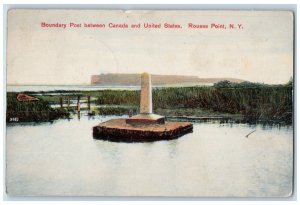 1909 Boundary Post Canada & US Rouses Point New York Antique Vintage Postcard 