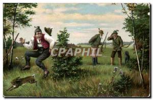 Postcard Old Hunting Hunter Hunters Rabbit Dog