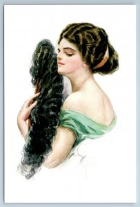 PRETTY WOMAN LADY with Fan Green Dress Beauty by HARRISON FISHER New Postcard