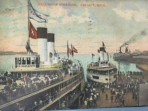 Postcard 1908  Hand Tinted View of Excursion Steamers  in Detroit, MI.     T6