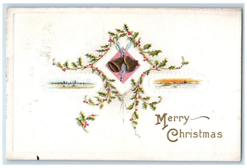 1914 Christmas Ringing Bells Holly Berries Minimalist Spencer NY Posted Postcard