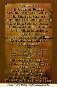 Pennsylvania Philadelphia Plaque In Christ Church Cemetery Near Benjamin Fran...