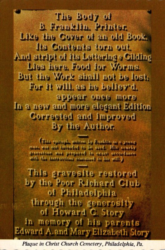 Pennsylvania Philadelphia Plaque In Christ Church Cemetery Near Benjamin Fran...