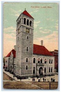 1915 Post Office Building Clock Tower Lowell Massachusetts MA Antique Postcard