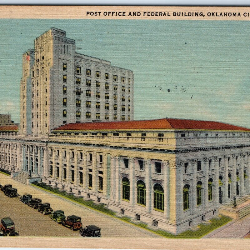 c1940s Oklahoma City, OK Post Office Federal Building Downtown Car Linen PC A293