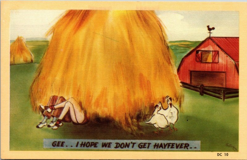 1940s RISQUE POSTCARD GEE...I HOPE WE DON'T GET HAYFEVER - LOVERS IN HAYSTACK