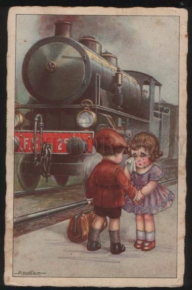 3101707 Crying KIDS near TRAIN by BERTIGLIA old ART DECO Italy