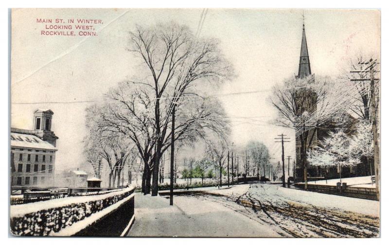 Early 1900s Main St. in Winter looking West, Rockville, CT Hand-Colored Postcard