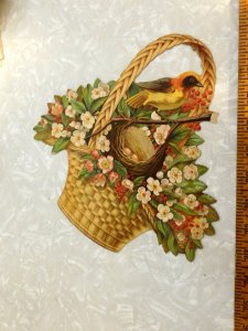 1870s-80s Lovely A & P Tea Co, Big Die Cut Bird & Nest in Basket Flowers Card #W