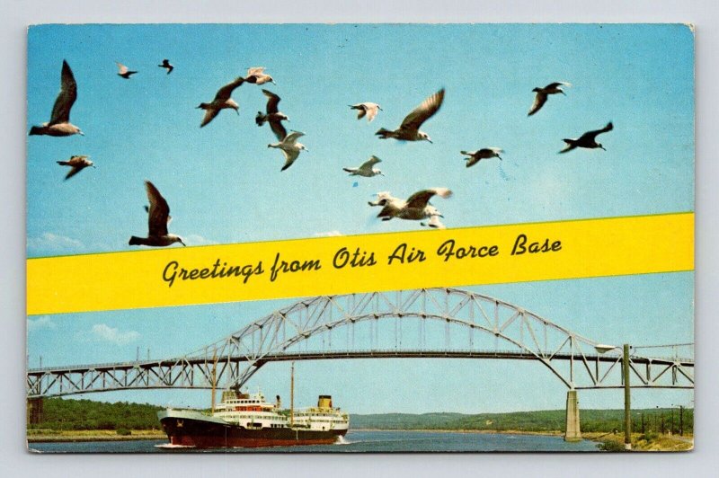 Greetings Otis Air Force Base Seagulls Flying Over Ship Bridge Postcard Unused 