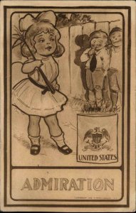 Boys Admire Little Girl Toy Rifle United States Patriotic c1910 Vintage Postcard