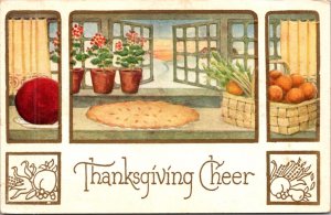 Thanksgiving Postcard Pie Sitting in the Window, Flower Pots, Oranges