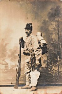 UNIDENTIFIED EUROPEAN SOLDIER FULLY LOADED WITH GEAR PHOTO POSTCARD