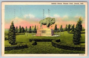 Buffalo Statue, Lincoln, Nebraska, Vintage 1949 Linen Curt Teich Postcard