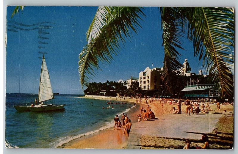 Royal Hawaiian Hotel Sailboat Waikiki Beach Hawaii TH Postcard 1953