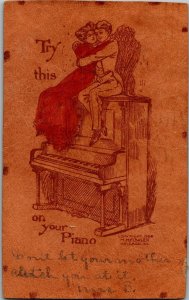 Leather, Embracing Couple, Try This on Your Piano Vintage Postcard E69