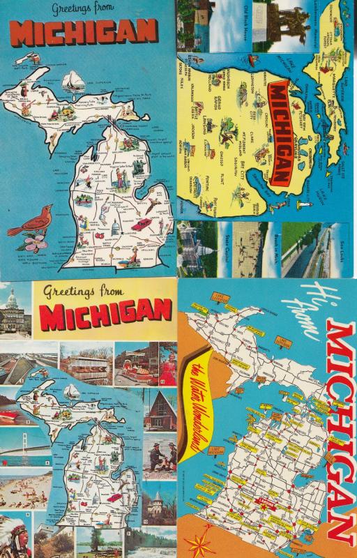 Michigan Greetings From 4x Map Postcard s