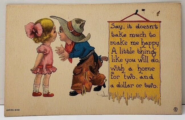 Bernhardt Wall Adorable Little Cowboy Sweet on a Pretty little Girl Postcard E17